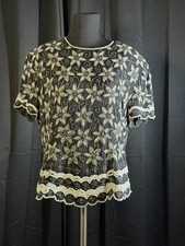 Papell Boutique Silk Beaded Top XL Black Floral Sequin Shoulder Pad Evening