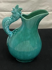BEAUTIFUL VINTAGE ROYAL HAEGER H608 POTTERY PITCHER BIRD OR MERMAID MOTIF 8.5"
