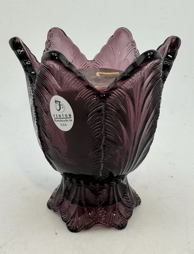 Fenton Amethyst Purple Glass Tulip Candle Holder Original Label