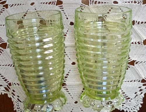 2 Depression Green Uranium Glass 5" Tumblers Manhattan Anchor Hocking
