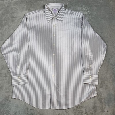 Brooks Brothers Mens Oxford Dress Shirt Striped Long Sleeve White Gray 17-34