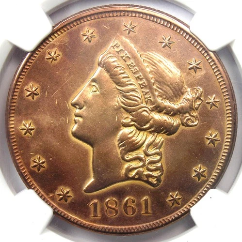 1861 Bronze Clark Gruber $20 Liberty Gilt Coin - Certified NGC AU Details