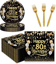 7IN), Black Gold Adult Happy Birthday 25X7in Disposable Plates 25X6.5in Coc