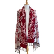 Large Burgundy, Tan Floral Wrap / Shawl / Scarf Fringe, Boho, 26 by 73