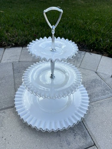 Fenton Vintage Milk Glass Silver Crest 3 Tier Ruffled Tidbit Tray- 14”
