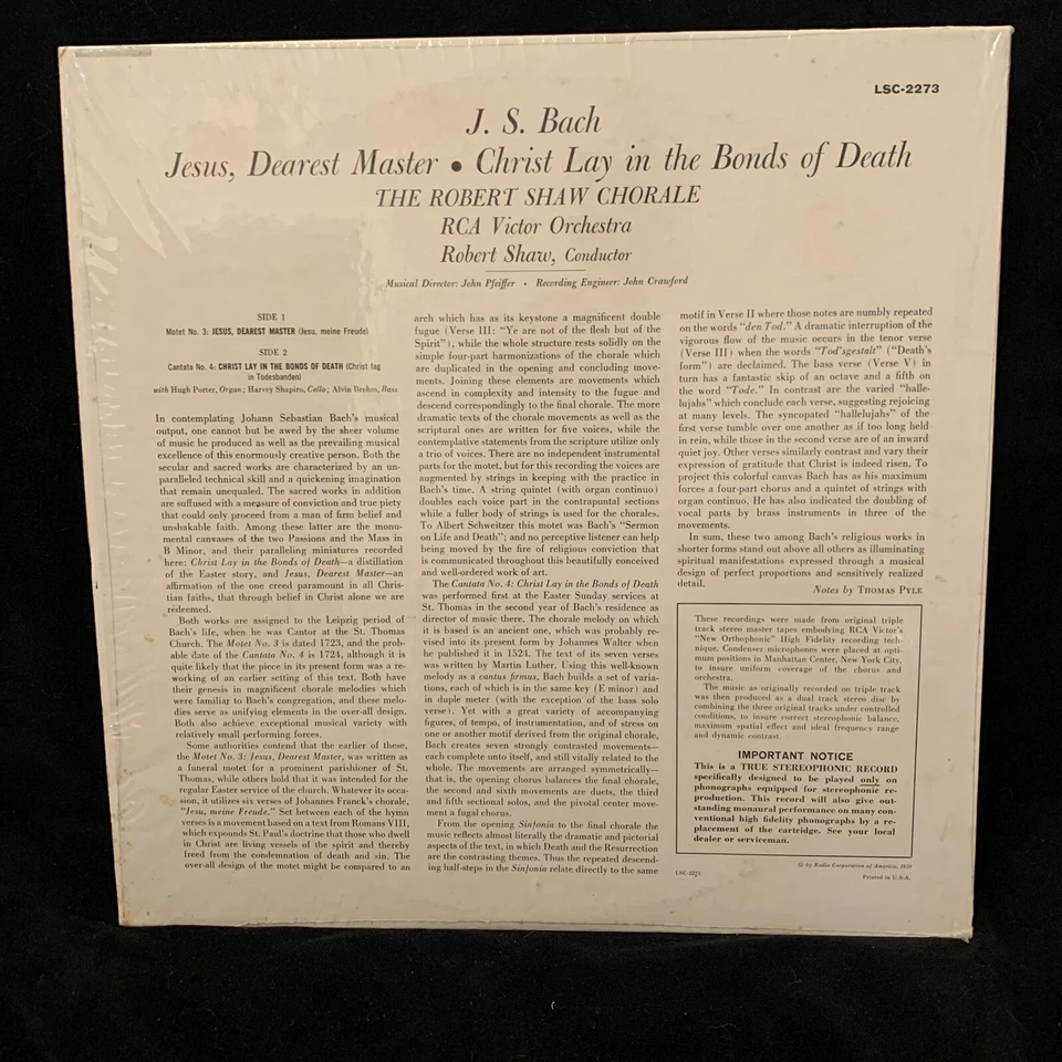 RCA Living Stereo LSC-2273 BACH Motet & Cantata - SHAW - ST LP IN SHRINK - Image 2 of 4