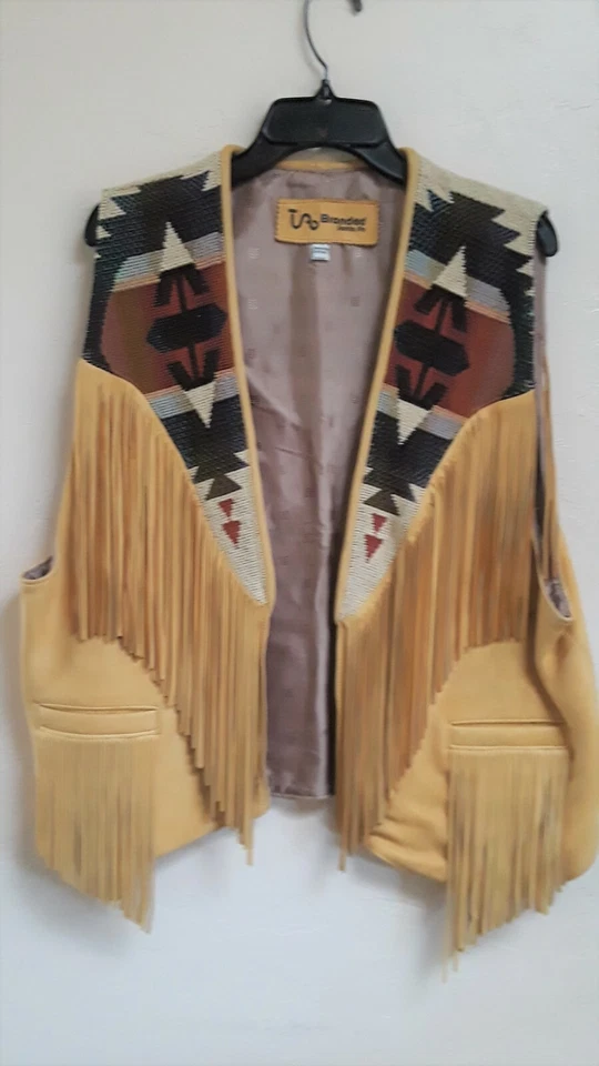 Chaleco unisex con flecos occidentales de cuero mantecoso vintage de Santa Fe marca TA L-XL