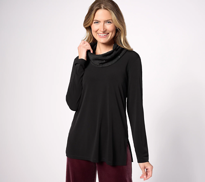 Susan Graver Liquid Knit Sequin Cowl-Neck Tunic Style Shirt Black