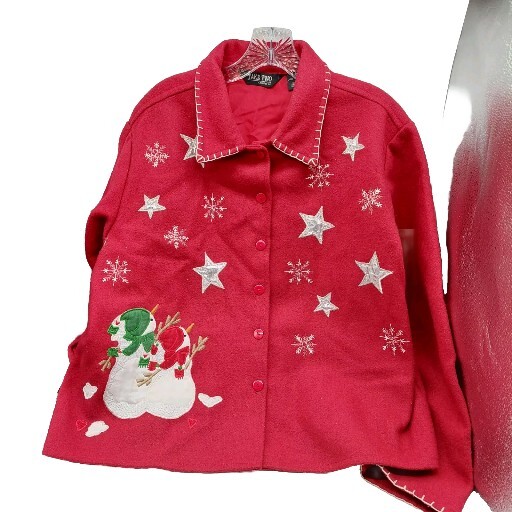 Take Two Women's Christmas Jacket Red White Snowman Stars Wool Blend Size Large