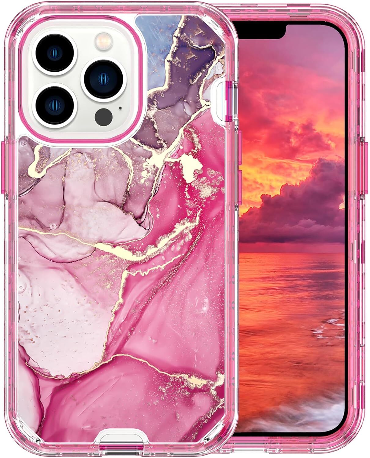 Marble Pattern Case for iPhone 15 Pro Max, Heavy Duty Durable 3 in 1 Full Body S