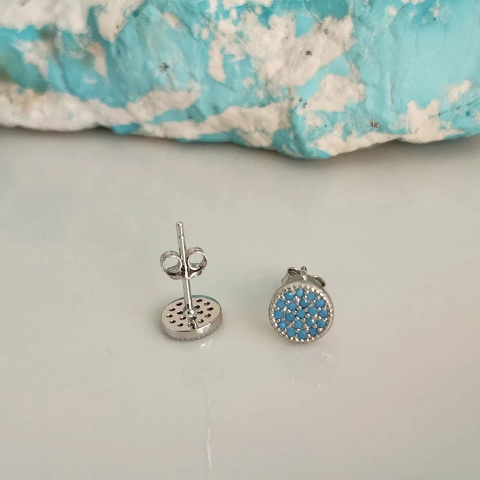 Blue Turquoise Pave 7mm Stud Earrings Real Solid Sterling Silver - Image 3 of 3