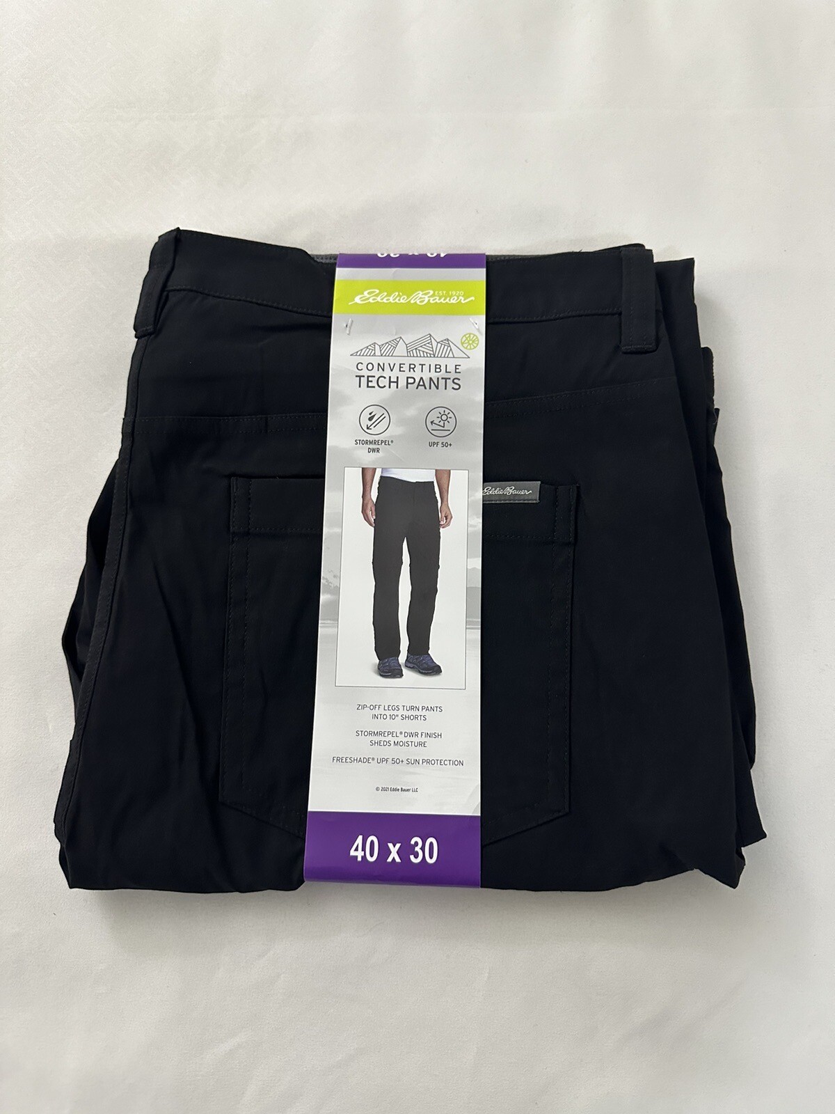 New Eddie Bauer Black Lightweight UPF 50+ Convertible Tech Pant Men's 40 X 30
