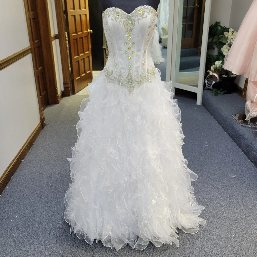 slim fit dress slacks White A-Line Tulle Flower Long Prom Dress, White Formal Evening Dress US 10 / White main image 1