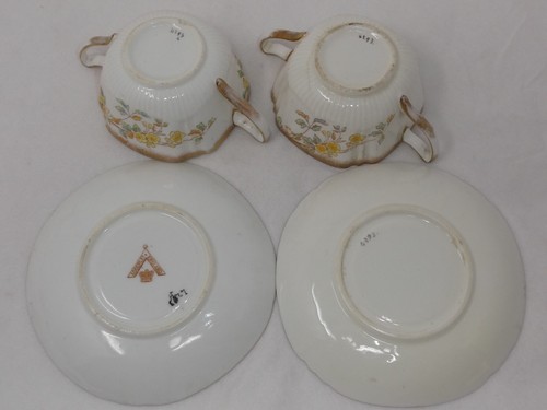 2 ANTIQUE ADDERLEY ENGLAND FLOWERS BONE CHINE PORCELAIN 2 HANDLES CUPS SAUCERS - Picture 9 of 11