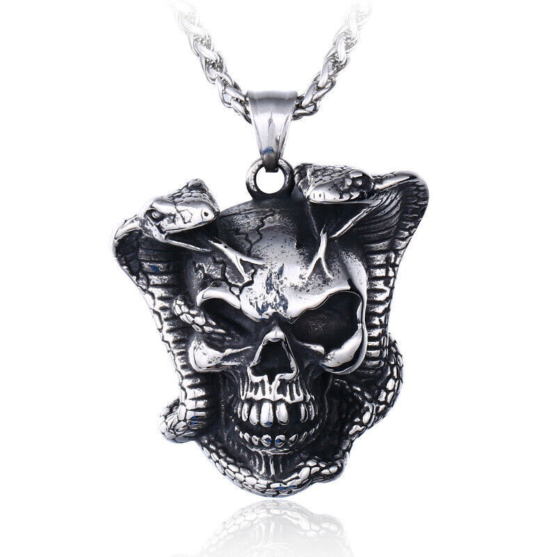 Mens Stainless Steel Biker Snake Devil Punk Skull Pendant Necklace Mens Jewelry