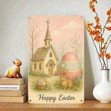 Retro Metal Sign Happy Easter Church Bunny for Religious Holiday Wall Decoration