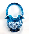 Fenton Aqua/Turquoise Blue Basket White Ruffle Rim Hand Painted Signed