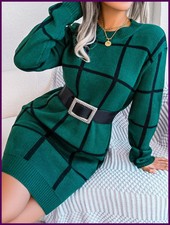 Women Casual Plaid Long Sleeve Knitted Sweater Dress 2026 Autumn Winter Elegant