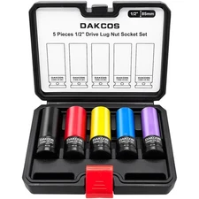 DAKCOS 5 Pieces 1/2" Drive Impact Lug Nut Socket Set, 15 17 19 21 22MM CR-MO