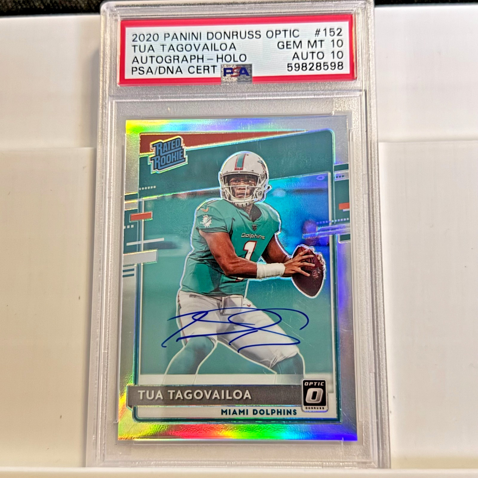 2020 Donruss Optic Tua Tagovailoa Holo Prizm Rookie AUTO 9/99 PSA 20 Dolphins RC