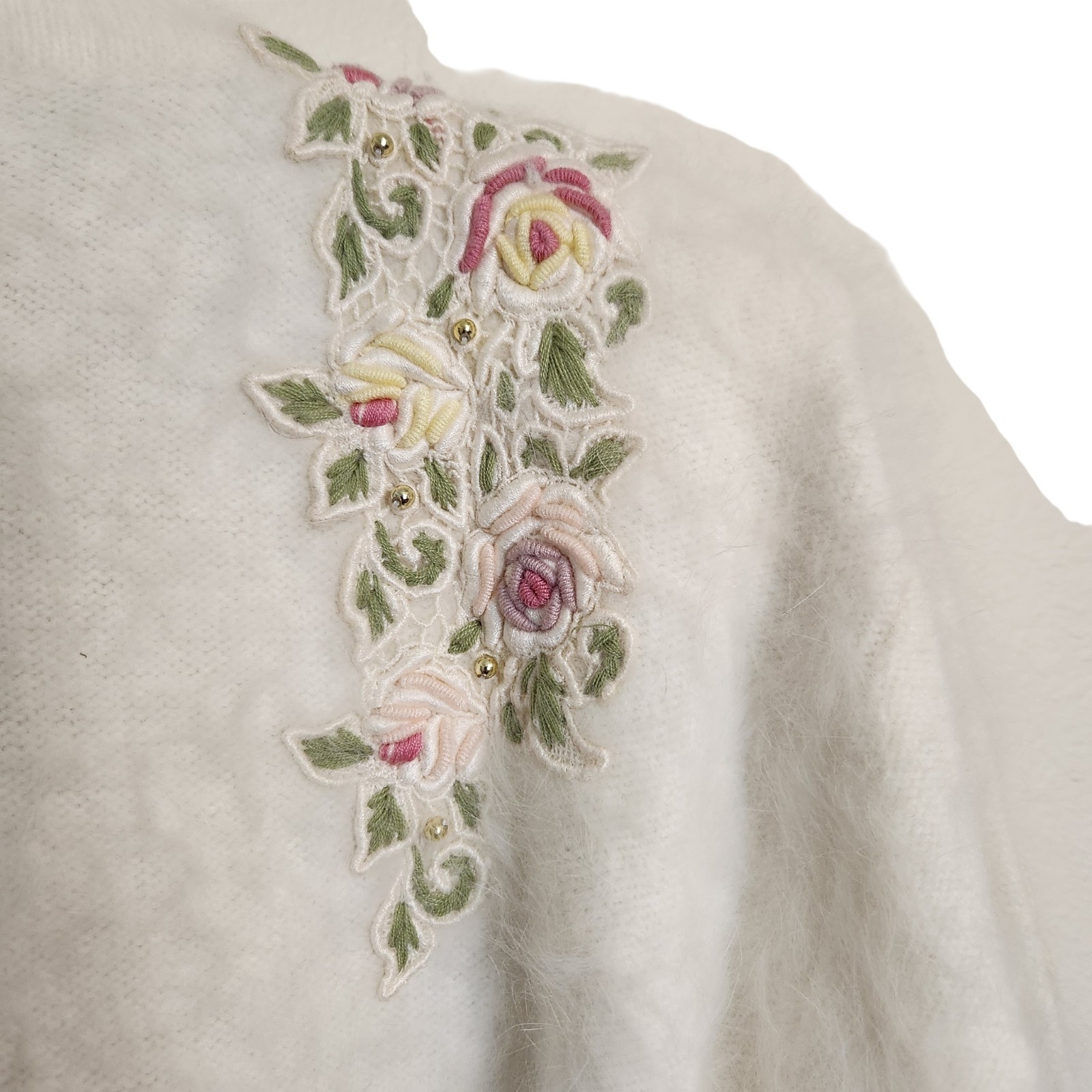 Vtg VENESHA High Quality Angora Cardigan&Sweater Set Applique Cream RARE Medium image 7