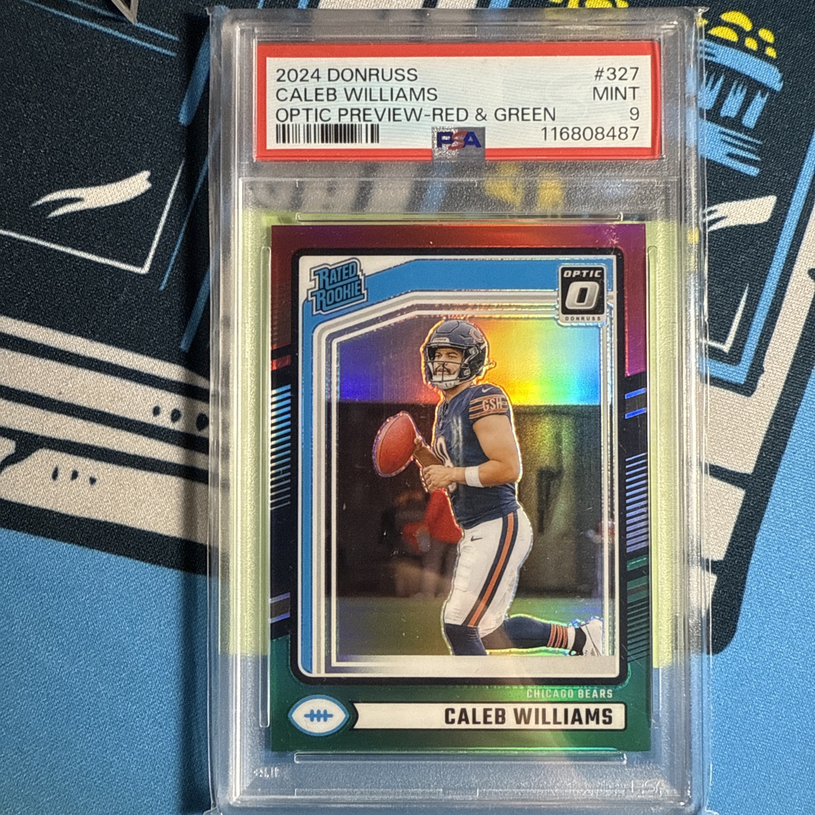 2024 Donruss Rated Rookie Caleb Williams Optic Preview Red & Green Prizm PSA9