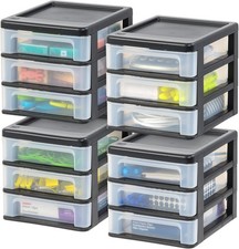 IRIS USA 4-Pack 3-Drawer Small Plastic Stacking Desktop Organizer, Black
