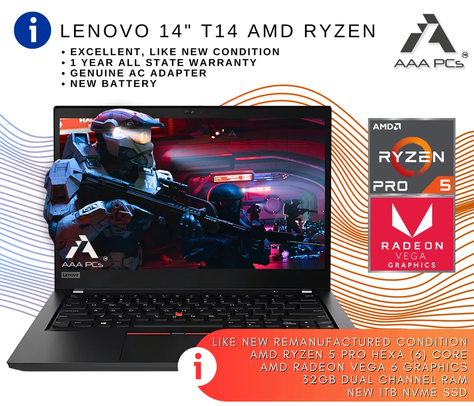 Lenovo AMD Ryzen 5 PRO 14" Gaming Laptop 32GB RAM 1TB SSD RADEON RX Windows 11 - Image 2 of 4