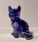 Fenton Purple/Blue Carnival Glass Cat Figure, Signed, Hand Painted Daisies  3.5"