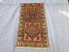 2'4x4'2 Vintage Turkoman Prayer Rug Hand Knotted Wool Oriental Red Beige Carpet