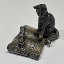 Vintage Denicolo Pewter Cat on Spellbook with Crystal Accents (Missing 1) F3916