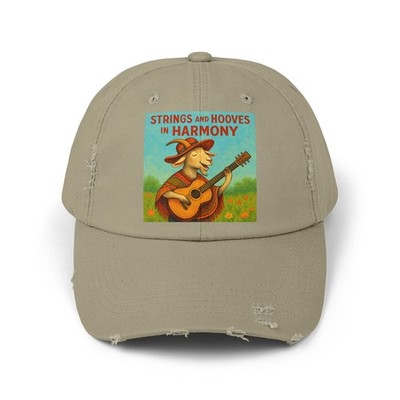 Unisex Distressed Hat Guitar-Strumming Goat Meadow Melody