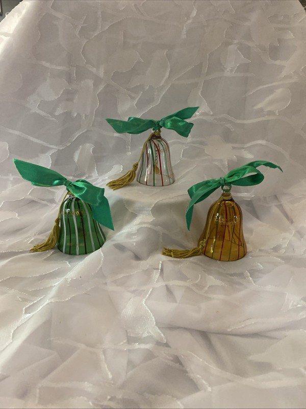 Set Of 3 Beautiful Lenox Striped Blown Glass Bell Ornaments
