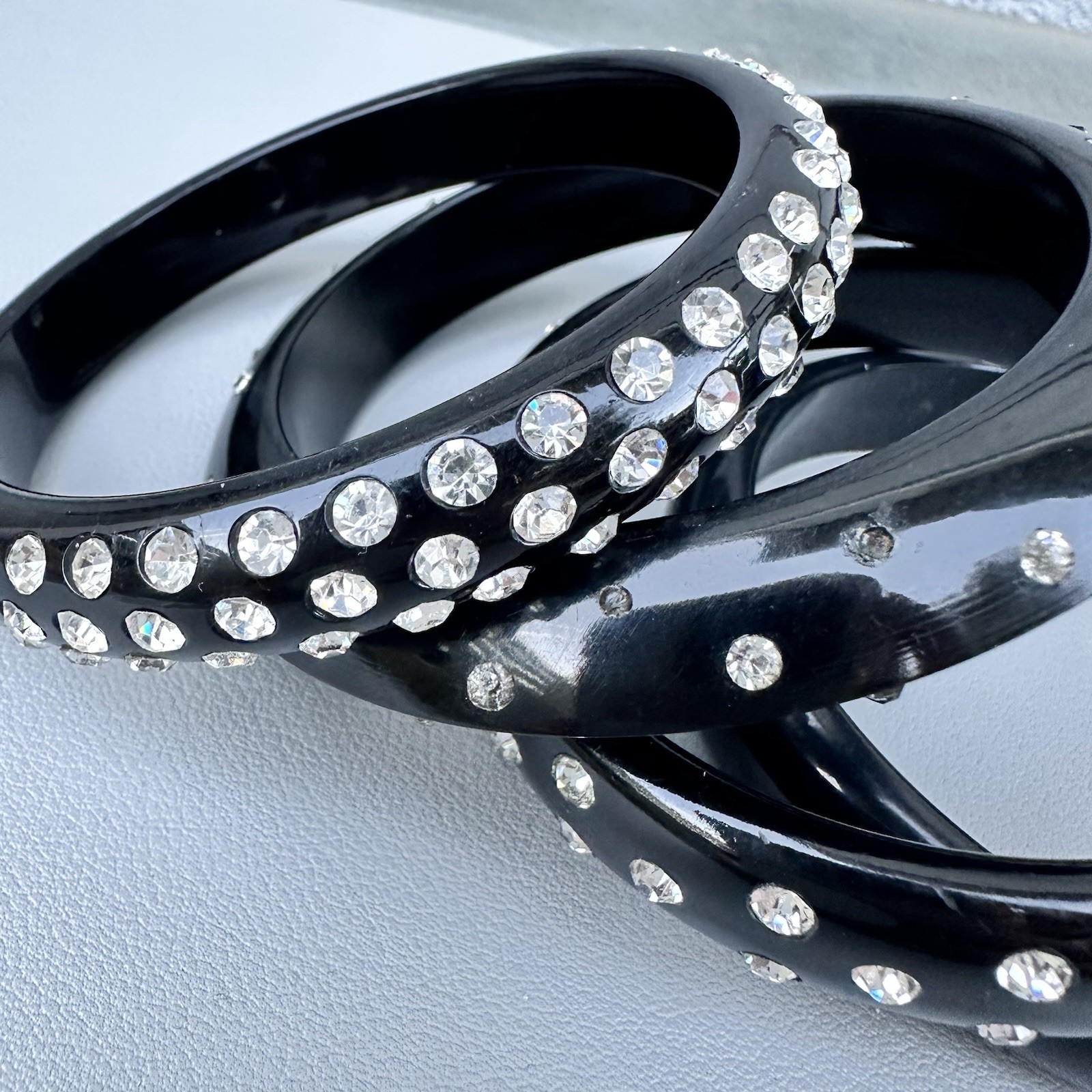 Vintage Bangle Stack Black Rhinestone Sculptural … - image 4
