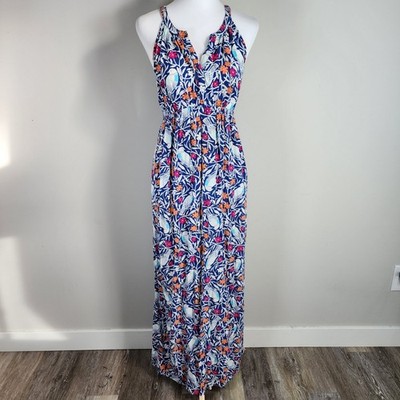 Old Navy Maternity Maxi Dress Womens Small Blue Bird Floral Sleeveless Rayon