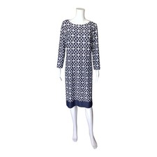 TALBOTS Womens Size Medium Blue White Patterned Boat Neck Long Sleeve Dress
