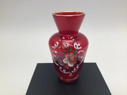 Vintage 3.25 Ruby Red Murano Painted Floral Glass Vase Gold Accents Small
