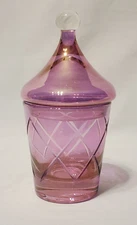 Vintage Purple Rainbow Art Glass Lidded 6" Jar with Hatch Mark Design