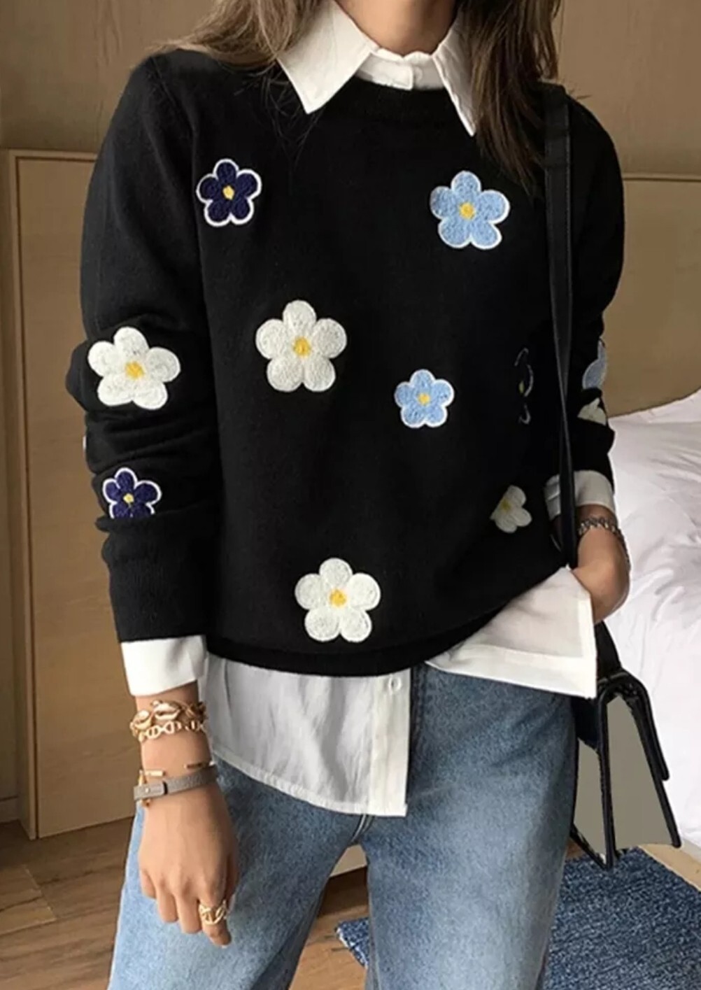 Jersey informal negro amarillo blanco Ditsy divertido margarita tejido súper suave novedad 10