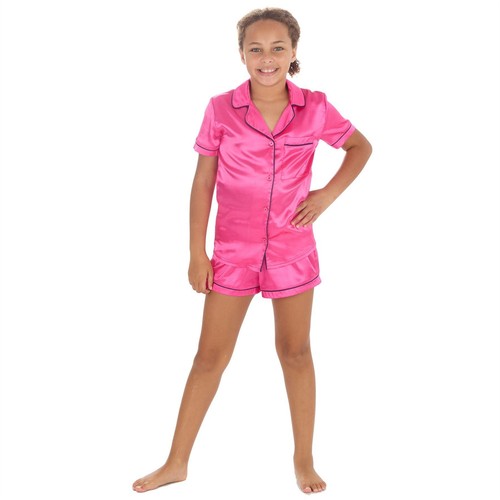Girls Kids Satin Pyjamas Button Front Top and Shorts Pyjama Set Age 9-13 Years - Picture 2 of 9