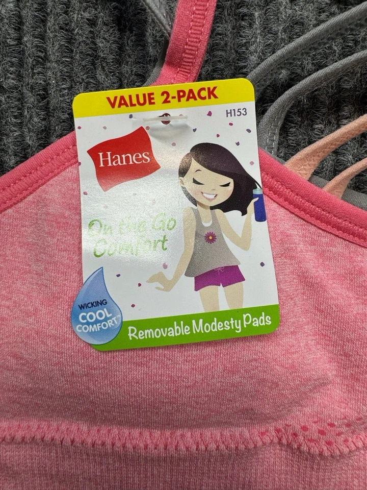 Hanes Bralette Girl Small Sports Bras On The Go Comfort 2-Pack Pink Gray New - Image 2 of 4