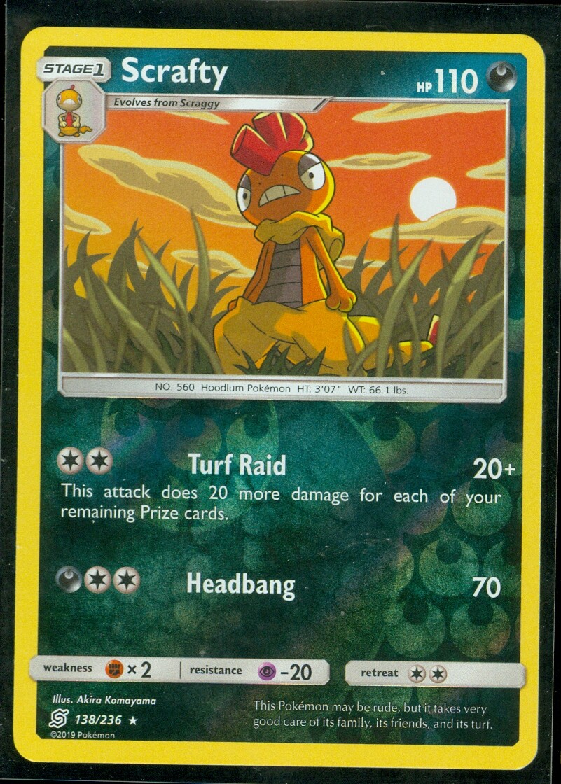Pokemon SCRAFTY 138/236 Unified Minds RARE Rev Holo - MINT