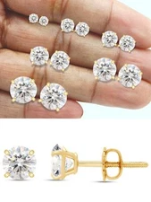 Solid 14k Yellow Gold Real Moissanite Stud Earrings 0.2-8ct Mens Ladies