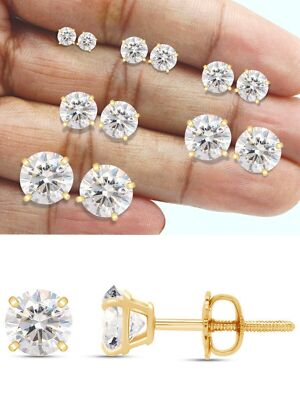 Solid 14k Yellow Gold Real Moissanite Stud Earrings Mens