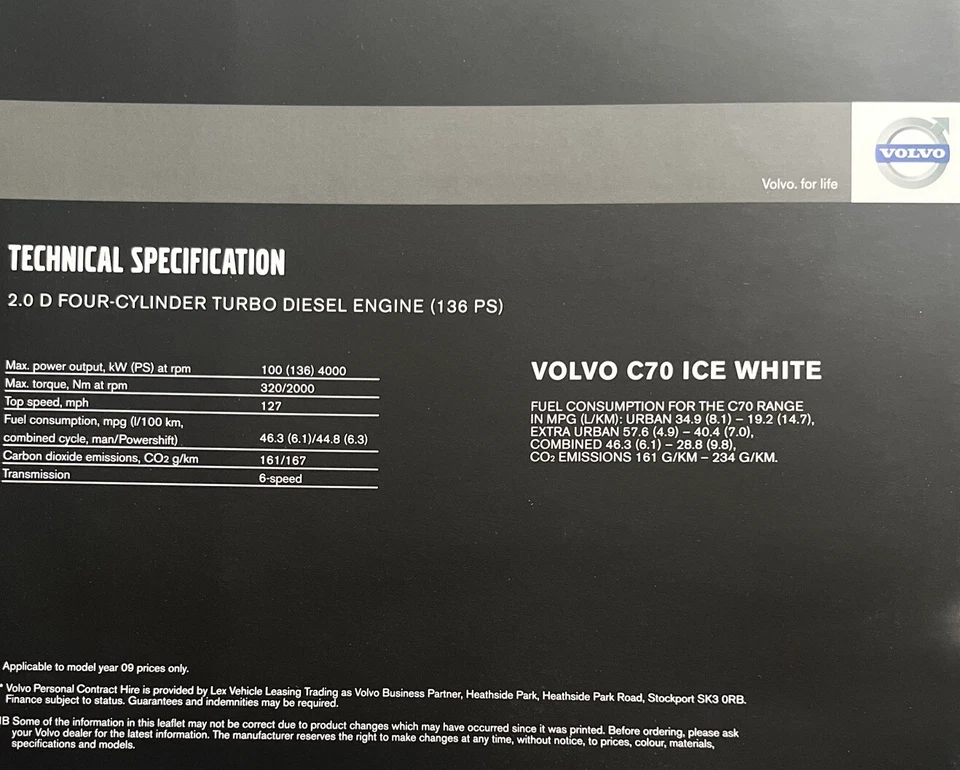 Volvo C70 Ice White Special Edition 2008/ 2009 UK Brochure Inc Prices 2.0D - Image 3 of 3