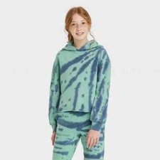 Art Class Hoodie Kids Large 10/12 Green Blue Fleece Raw Edge Boxy Crop NWT