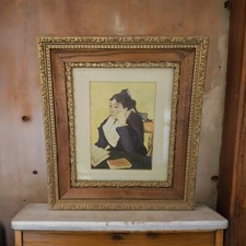 Vintage Gilded Wood Frame Gesso With Print Holds 10” x 12” Picture 