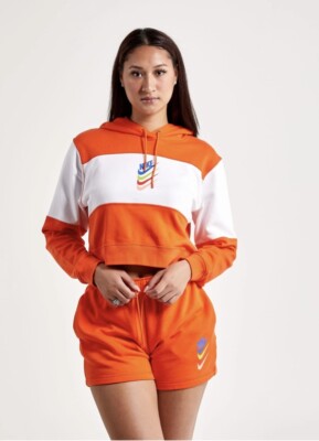 Nike Women's NSW DNA Stacked Swoosh Cropped Hoodie Orange White