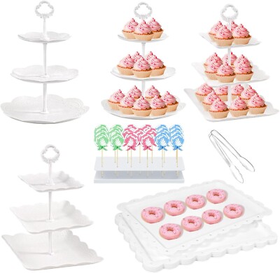 10Pcs cake stand set 3tier stands 6 pcs serving trays white weddings showers S15