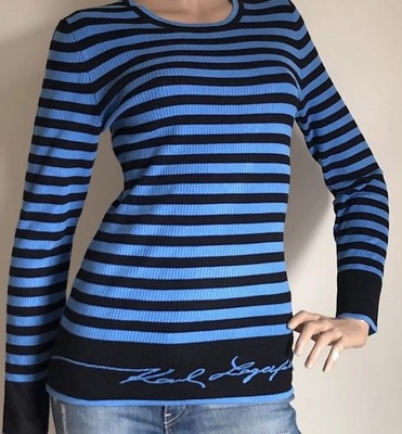 NWT Women Karl Lagerfeld Striped Knitting Blue/Black Pullover,Size XL,Ret.$79.50
